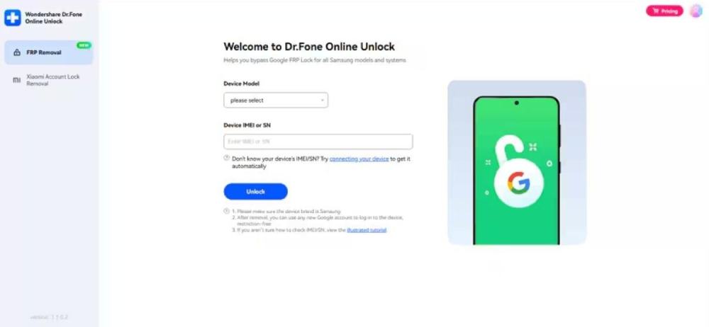 open the web-based frp unlock tool