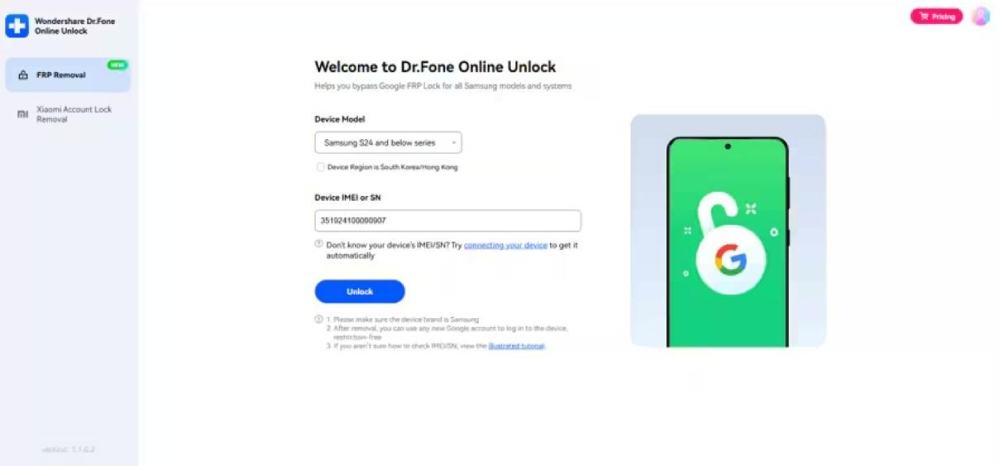 start the samsung frp unlock process