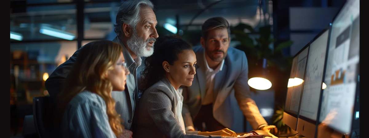 a group of business professionals gathered around a computer screen, eagerly searching for information with ba insight's enterprise search technology