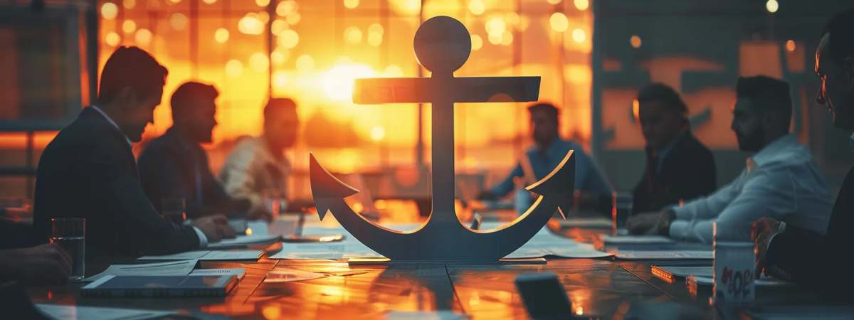 a group of professionals gathered around a table, pointing to a large anchor symbol representing ba insight's transformative enterprise search technology